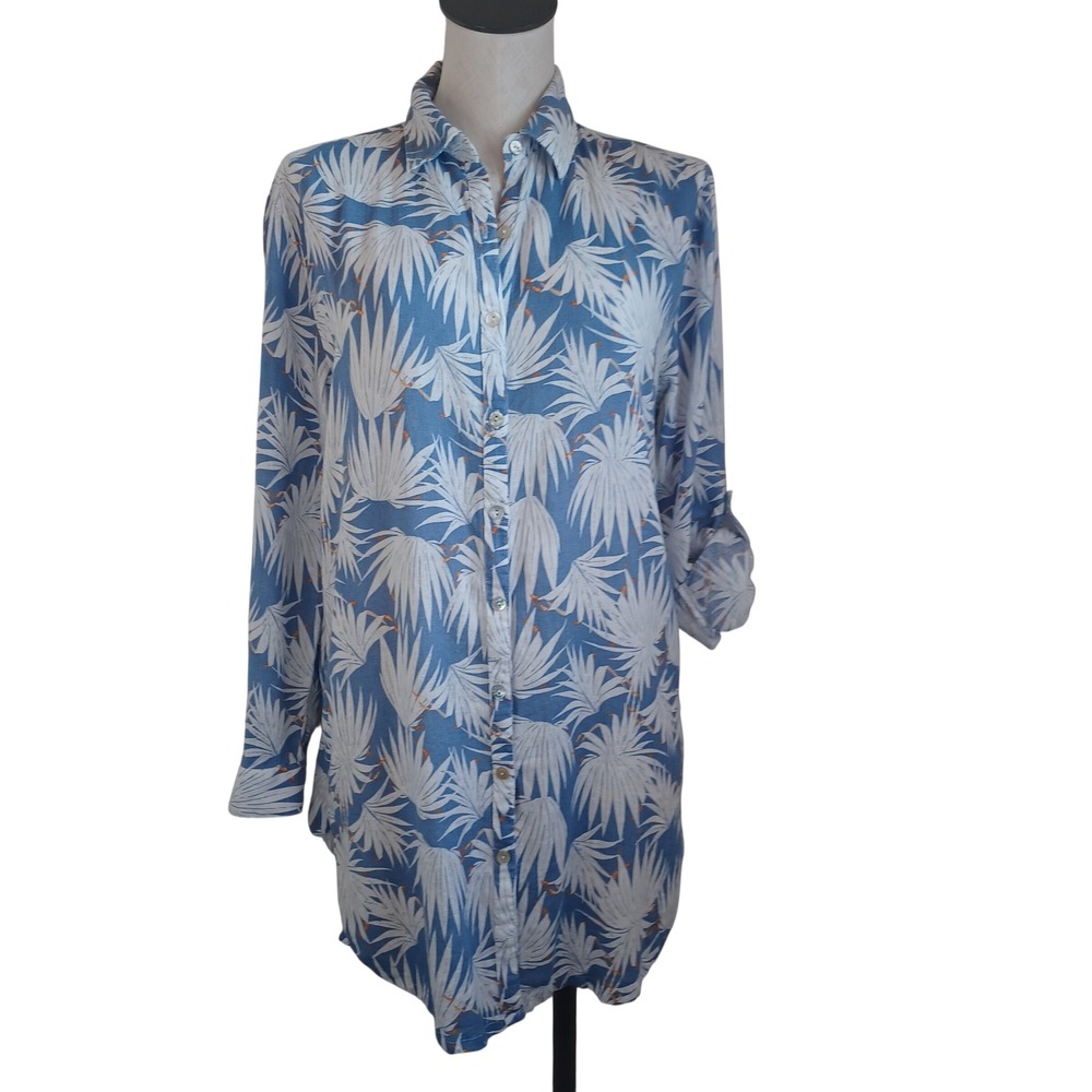 Rachel Zoe Blue White Tropical Palm Linen Blend Roll Tab Tunic Shirt Dress Small